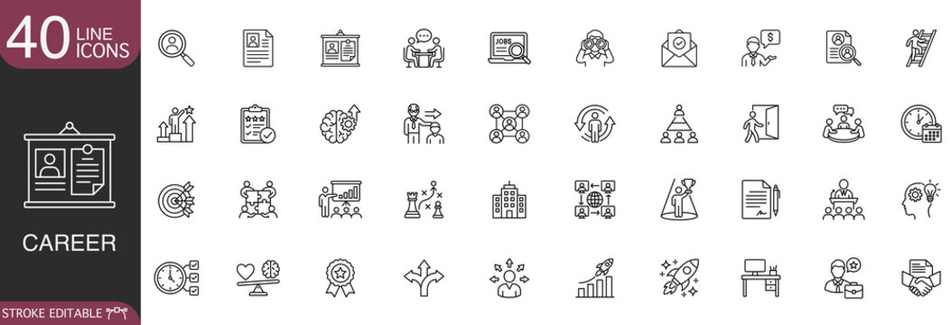 Career and human resources line icon vector set featuring job recruitment, employment search, professional growth, and resume selection concepts with editable stroke.
