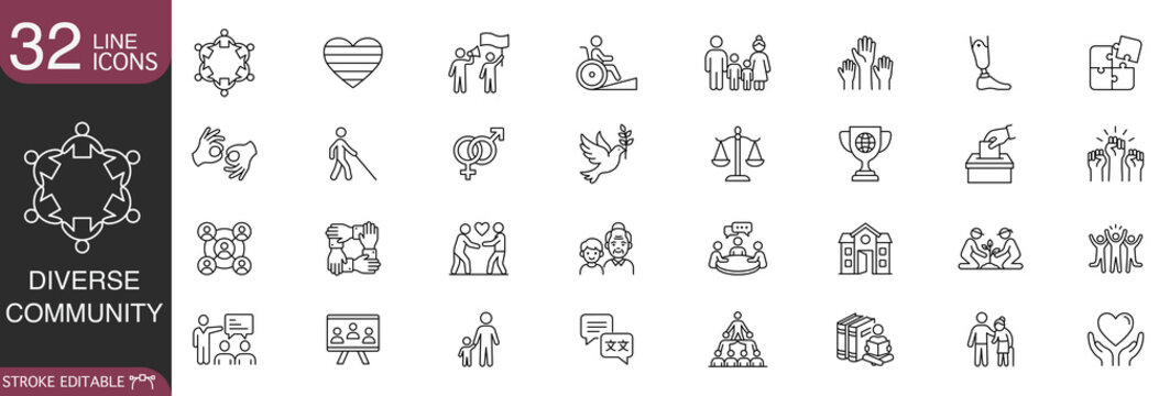 Diverse community and social inclusion line icon vector set, featuring concepts of equality, human rights, global unity, disability support, and cultural diversity with editable stroke.