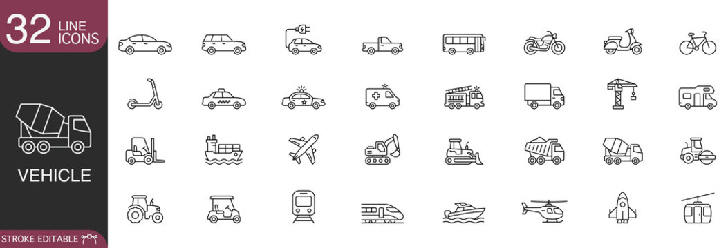 Vehicle transportation and public logistics line icon vector set, featuring automobiles, trucks, emergency services, construction machinery, and aviation with editable stroke.