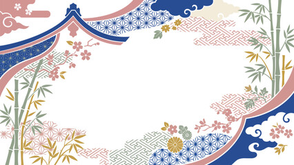 Traditional Japanese floral and wave decorative background with bamboo and pastel motifs. © Kyle