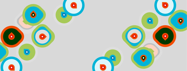 Fototapeta premium Abstract circles, varying sizes, colors. Light gray background. Minimalist design, playful shapes, modern aesthetic. Simple composition.