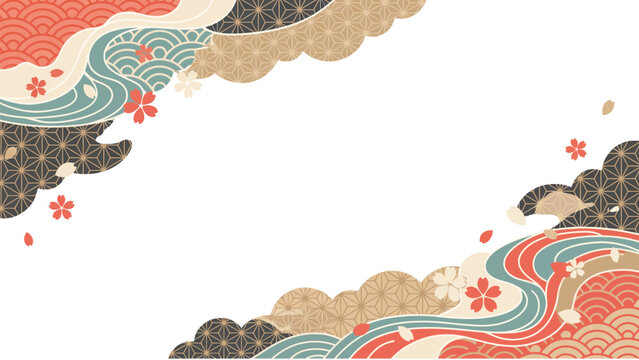 Decorative Japanese wave and floral pattern with blank center space.