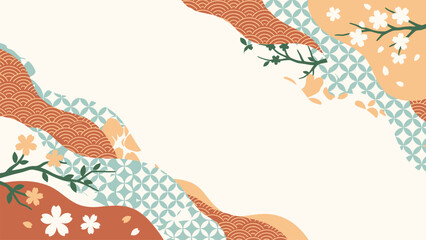 Seamless Japanese-inspired floral pattern with peach teal and cream waves. © Kyle
