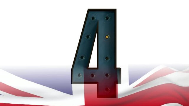 Illuminated marquee number four signs on waving british flags uk patriotism