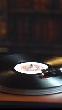 Vertical View, Audio Playback of Long Play Vinyl Record in Room, Close Up