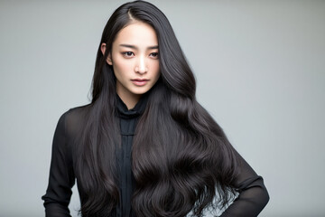 Naklejka premium Portrait woman long hair black hair straight hair fashion studio isolated