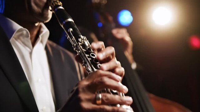 Musician plays saxophone on stage with spotlight shining down
