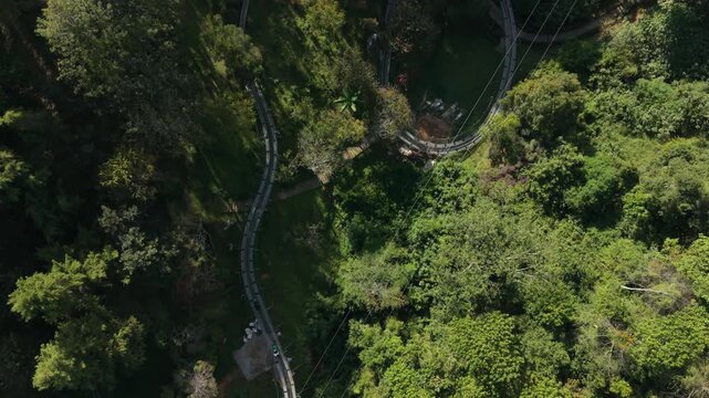 Aerial Da Lat Alpine Coaster Pine Forest Winding Through Emerald Trees, Coaster Cart Gliding Along Steel Rails, Sunlight Dappling Canopy, Tourists Laughing, Operator Checking Brakes,