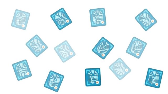 Multiple blue digital fingerprint verification icons on white background. Suitable for cybersecurity, identification, tech, internet security concepts in designs.