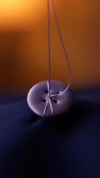 Macro shot of needle sewing purple button onto blue fabric.