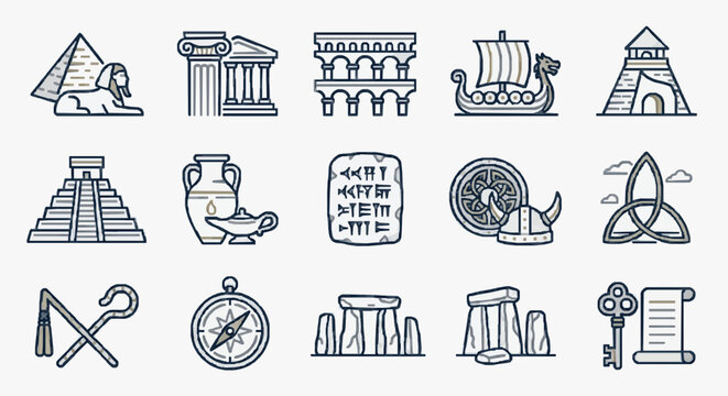 Industrial Style Line Drawing Icons Set of Ancient and Historical Symbols in Monochrome with high quality professional line art symbols for modern creative design and digital branding projects