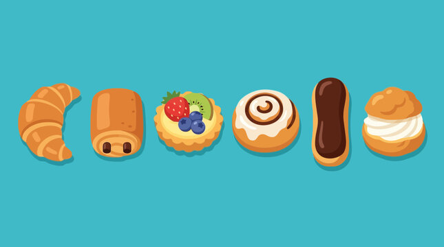 A delightful assortment of four distinct baked goods, including a pain au chocolat, fruit tart, cinnamon roll, and chocolate eclair, presented in a vibrant flat illustration style.