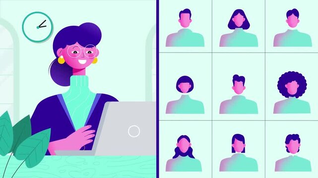 Split Screen of Businesswoman on Laptop and Virtual Video Conference Grid, Remote Team Meeting Concept, 2D Animation