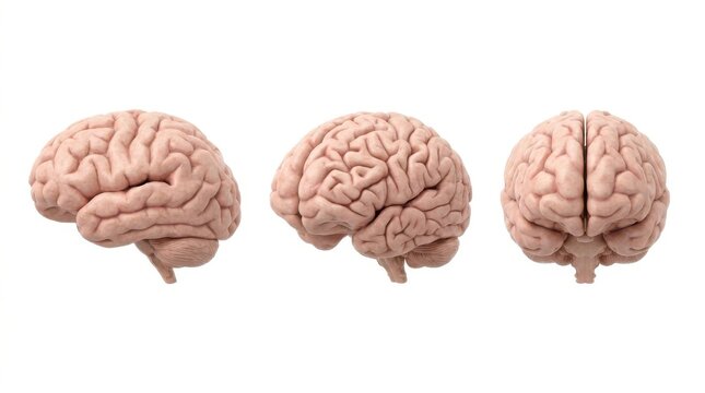 Three views of a human brain model showing different angles, isolated on white background