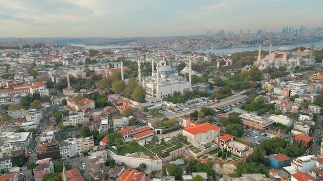 Sultanahmet Neighborhood And Blue Mosque Istanbul Turkey Drone Circling 4K 30FPS