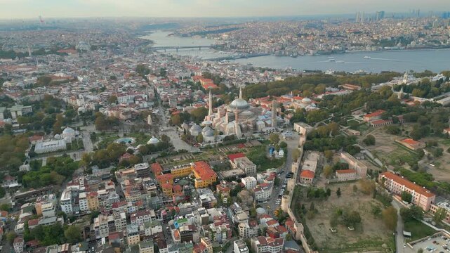 Hagia Sophia Grand Mosque And Topkapi Palace Ruins Istanbul City Turkey Drone Pull Back 4K 30FPS
