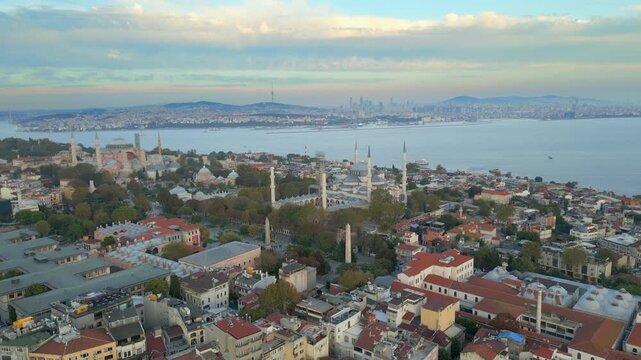 Blue Mosque At Sunset Old Town Sultanahmet Istanbul Turkey Facing Uskudar Drone Track In 4K 60FPS