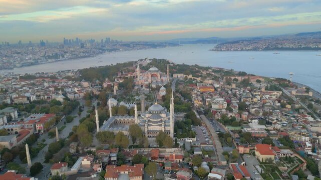 Above Sultanahmet Old Quarter Istanbul Turkey Blue Mosque In Foreground Drone Track Left 4K 30FPS