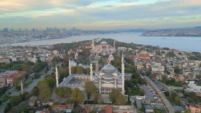 Blue Mosque Foreground Hagia Sophia Background Sultanahmet Istanbul Turkey Drone Track In 4K 30FPS