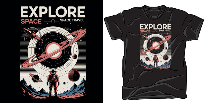 Explore space travel astronaut standing on rocky mountains looking at saturn rings and spaceship in starry sky illustration design vector.