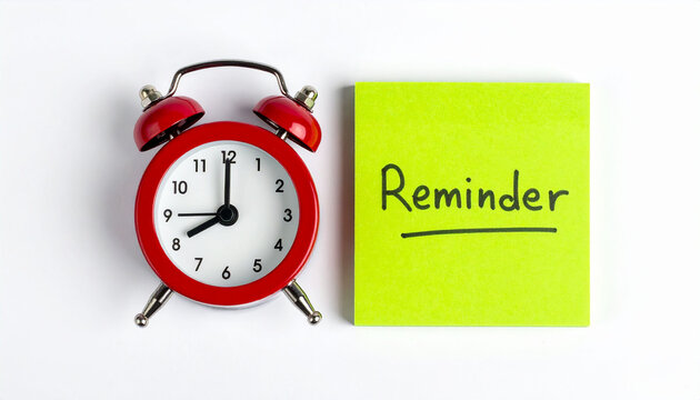 Red vintage alarm clock and a yellow reminder sticky note