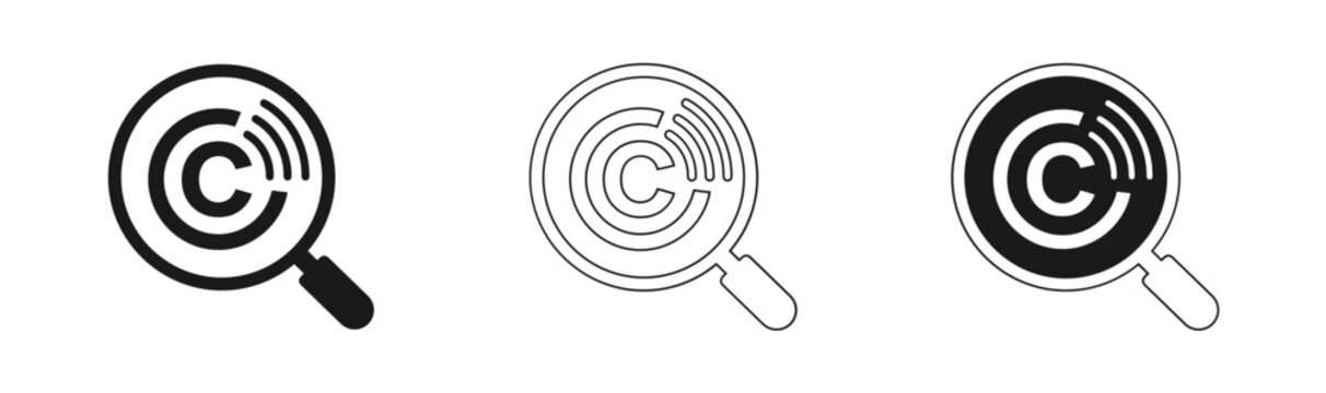 Copyright protection icons set black filled outline and inverted versions for legal and intellectual property use