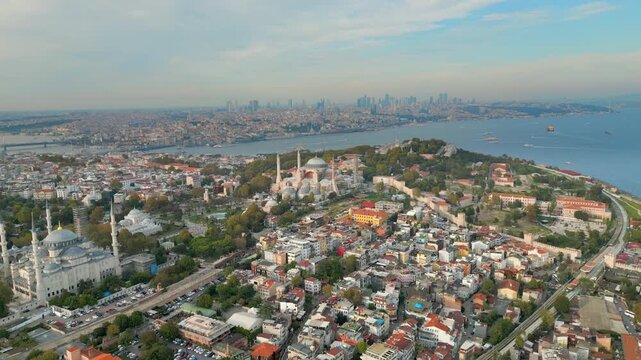 Iconic Istanbul Turkey With Blue Mosque Hagia Sophia Sultanahmet District Drone Rise 4K 30FPS