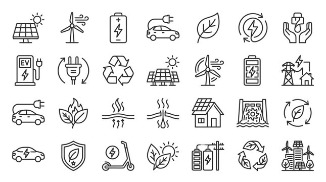 A collection of eco-friendly icons depicting renewable energy sources and sustainable living.