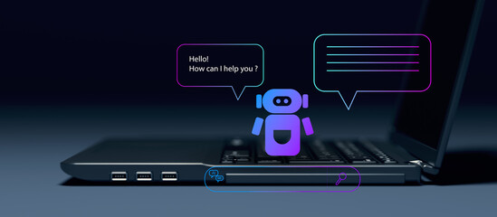Side view of open laptop computer with glowing digital AI chatbot robot and chat bubble notification icons graphic overlay, automated customer service help desk and virtual assistant technology. © MOTION ARF