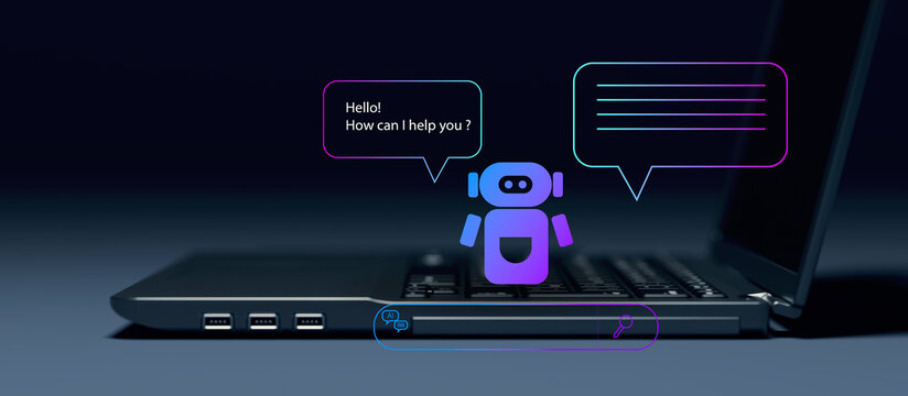 Side view of open laptop computer with glowing digital AI chatbot robot and chat bubble notification icons graphic overlay, automated customer service help desk and virtual assistant technology.