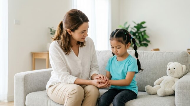 Mother comforts upset daughter on sofa, holding hands and offering support and guidance.