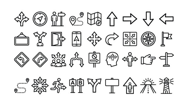 Collection of various navigation and direction icons for travel and orientation purposes on transparent background for design use