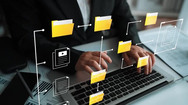 Business professional using laptop for document management, showcasing digital organization through folder icons and file structures in modern workplace setting Gluon.