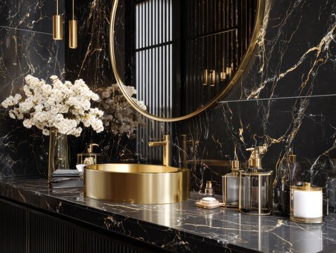 Luxurious modern bathroom with gold accents on black marble.