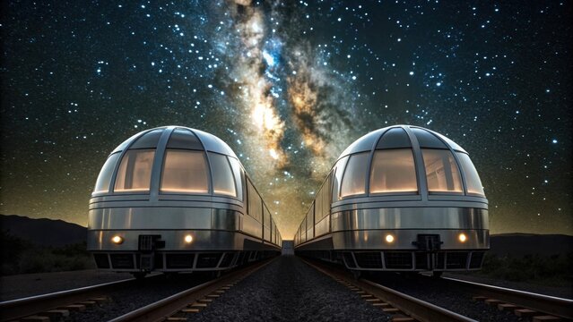 Two futuristic trains on parallel tracks under a starry night sky with the Milky Way