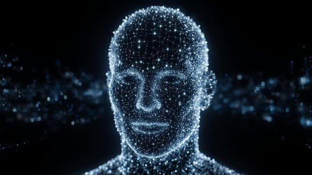 Digital Human Head Made of Glowing Particles and Data Nodes