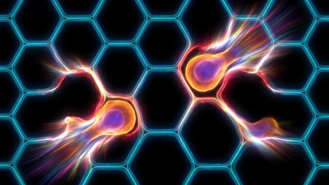 超解像顕微鏡風の黒背景に広がる血管内皮細胞マトリクスを免疫細胞が通り抜ける血管外遊出の抽象的な医療CG映像