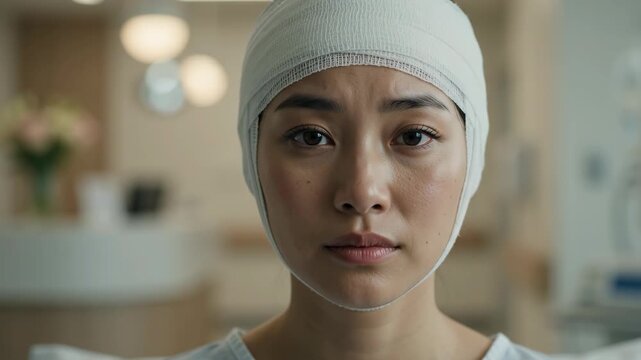 Portrait of concerned young Asian woman with a medical bandage wrapped around her head in a hospital
