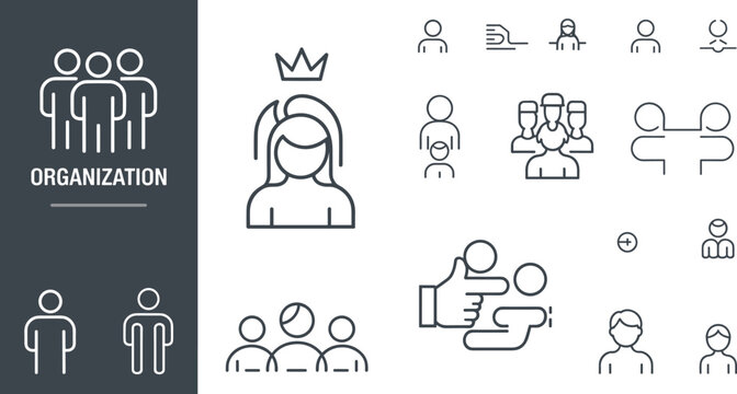 Set of linear organization icons featuring human resources, leadership crown, team hierarchy, and business management symbols on a white background.