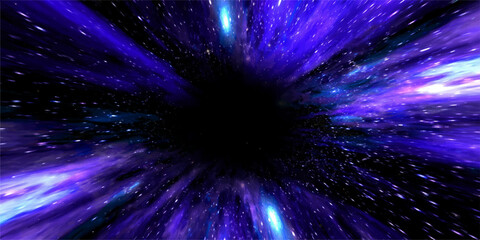 A vibrant purple and blue nebula with streaks of light and distant stars pulls inward towards a central black void, suggesting the vastness of space and cosmic mystery. © LumenCraft