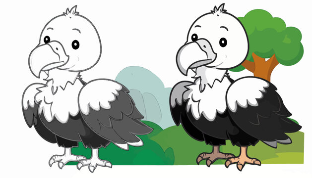 Illustration of Two Cute Bald Eagles Standing Side by Side with Nature Background