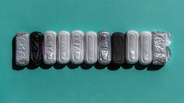 Feminine hygiene products in a neat horizontal row on a mint green surface, showing one contrasting black wrapper for womens health editorial