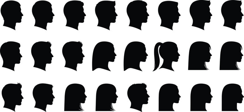 Set of male and female head silhouettes side view, human face profiles vector collection, black avatars, anonymous user icons, portraits.