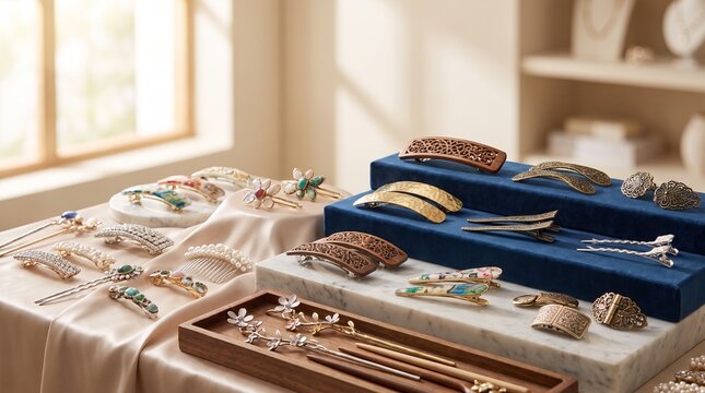 Luxury Collection of Elegant Hair Clips and Artisan Hair Ornaments Crafted from Wood, Metal, Crystal, and Precious Materials