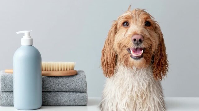 Wet dog sitting next to grooming brush towel and shampoo bottle on neutral background for pet care and bathing concept