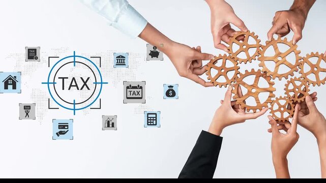 Collaborative Tax Planning with Gears and Icons Representing Finance, Budgeting, and Economic Strategy in Professional Setting Gluon.