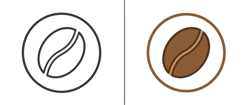 Coffee Bean Icon Set in Line Art and Flat Color Style