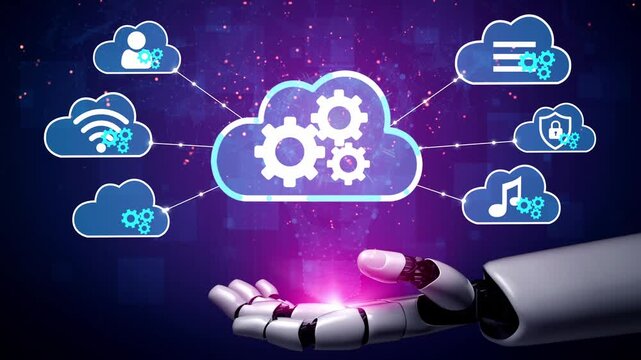 Futuristic robot hand presenting cloud technology icons with gears illustrating data management, connectivity, and digital solutions in a modern design. Entropy.