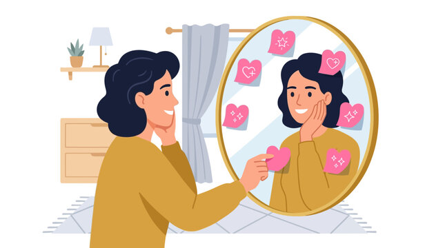 Happy woman practicing self love looking in round mirror with heart sticky notes flat vector illustration.