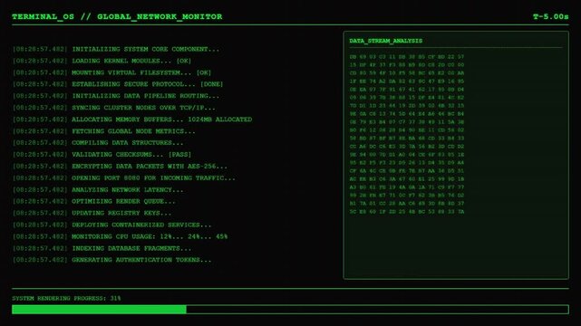 Terminal OS Network Monitor Booting System Animation Green Screen.